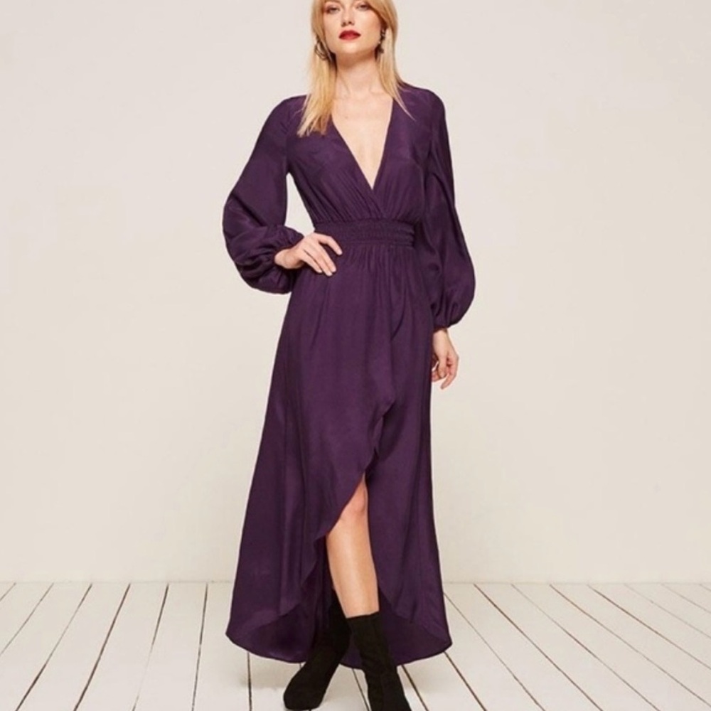 Reformation Rosalina Aubergine Purple Faux Wrap Maxi Dress Long‎ Sleeve S